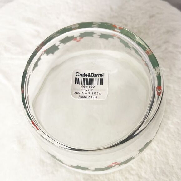Crate&Barrel Christmas Holly Leaf Glass Bowl with Lid 16.5 oz - Picture 4 of 5